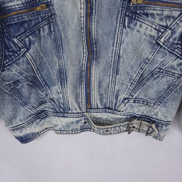 Tiger Fox Jacket Womens M Denim Acid Wash Full Zip Cropped Full Zip Y2K 90s VTG - Picture 2 of 14